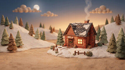 Fototapeta premium cozy winter cabin in a clay style snow landscape