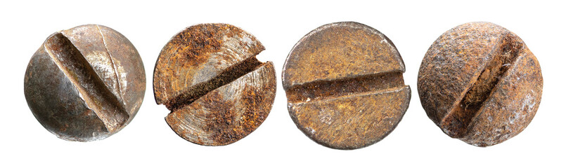 Fototapeta premium Antique rusted screw heads with deep slot grooves