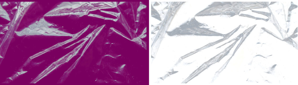 Crumpled plastic wrap texture, purple and white wrinkled cellophane background, abstract distressed polyethylene film overlay for graphic design