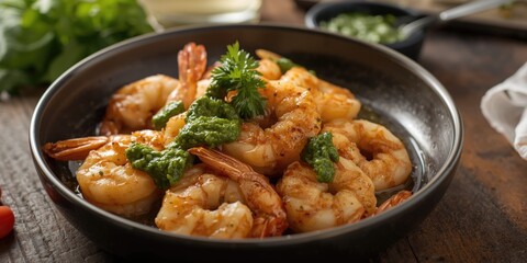 Fototapeta premium Shrimp Dish Topped with Green Sauce in a Black Bowl on a Wooden Table