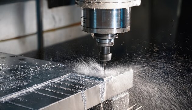 cnc milling machine cuts aluminum block with coolant in industrial workshop