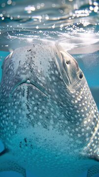 Extreme close up of a massive whale shark swimming underwater in clear blue ocean water with sunlight reflecting on its skin and speckled pattern in the tropical sea