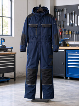 Dark blue hooded mechanic jumpsuit uniform on a stand. Protective workwear in a workshop with tools