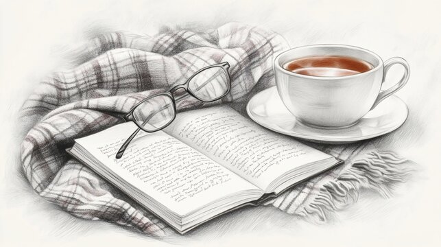 A cozy scene book, glasses, tea, and blanket. Peaceful, relaxing atmosphere