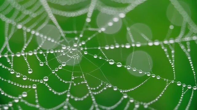 Delicate dew drops on intricate spider web in morning light with bokeh background