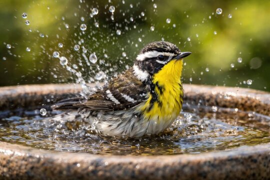 Yellow-Throated Warbler Bathing in a Birdbath with Water Splashing