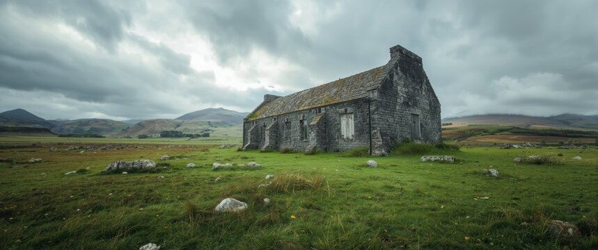 Abandoned Stone House on a Green Field Under Cloudy Sky