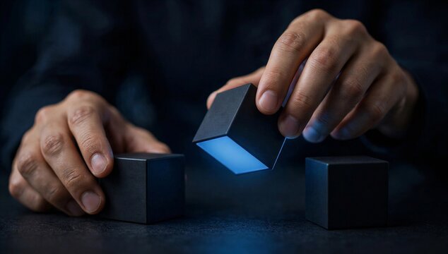 Hand arrange block and glowing block, symbolizing change management, transformation, adaptation, and strategic shift in business process.