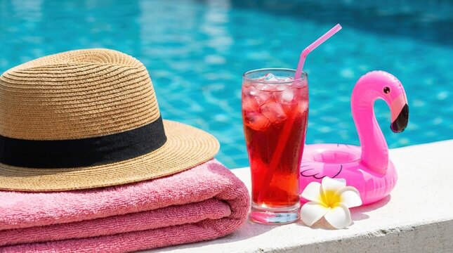 Summer vacation poolside relaxation with a refreshing drink and flamingo float.
