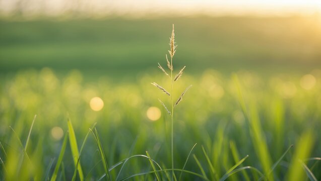 Wild field of grass on sunset, gentle sun rays, warm toning, lens flares, shallow DOF