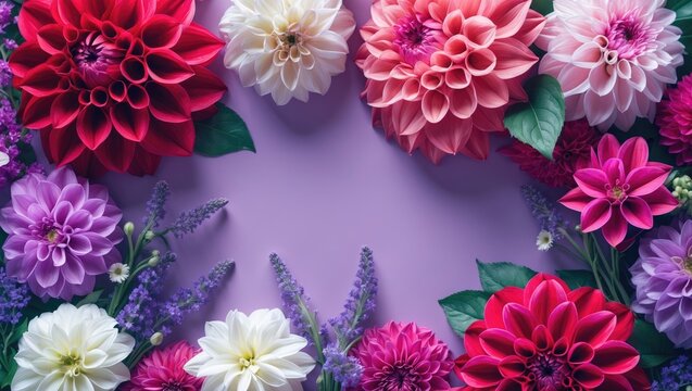 Vibrant Floral Frame with Colorful Dahlias and Lilacs on Purple Background