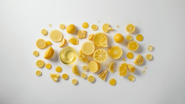 Assorted Yellow Lemon Slices and Juice on White Background in Top View