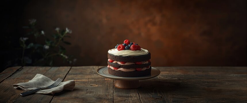 Chocolate Layer Cake Topped with Berries on a Wooden Table in Warm Light