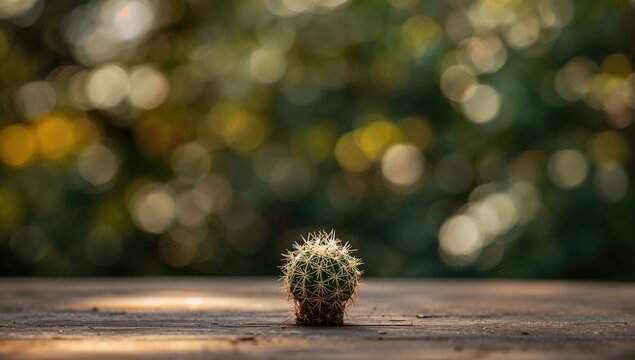 Cactus Sitting on a Wooden Surface in Soft Focus with Bokeh Background