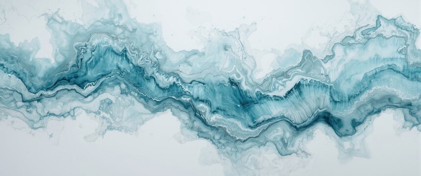 Abstract Waves of Blue and Teal Ink on White Background