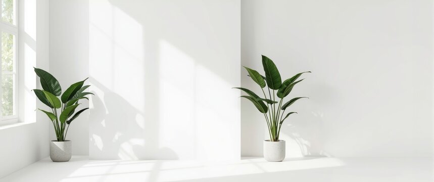 Indoor Plants with Bright Sunlight in Minimalist White Space