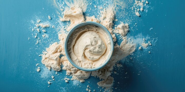 Bowl of Creamy Flour Surrounded by Spilled Flour on Blue Surface