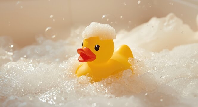 Rubber Duck Floating in Bubbles in a Bathtub with Soft Light