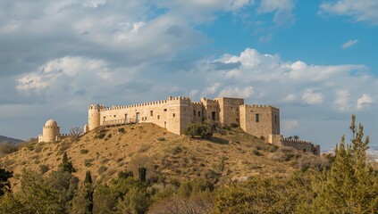 Naklejka premium Historic Castle Ruins on a Hill Against a Blue Sky with Clouds