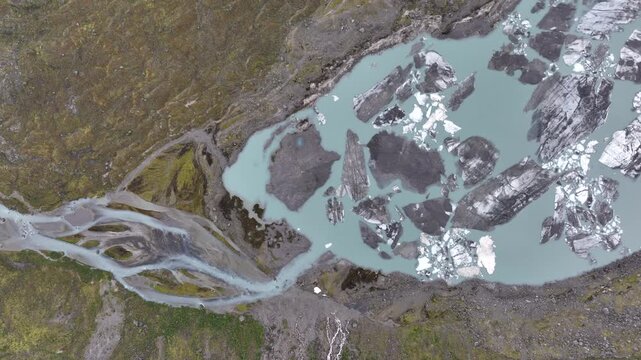 Aerial view of Austerdalsbreen glacier stream and lake, part of Jostedalsbreen in Norway