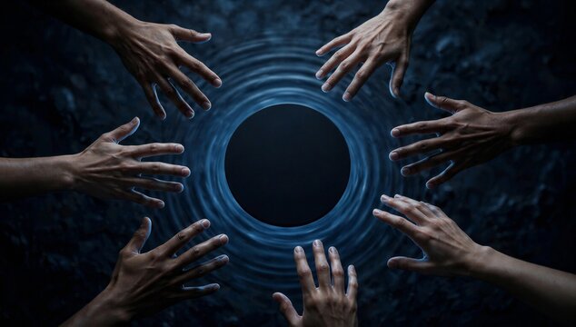 Hands reach toward a dark center, symbolizing audience growth, attraction, and shared focus around a new idea or campaign.