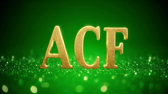 Golden ACF letters sparkle in green bokeh background with cinematic motion