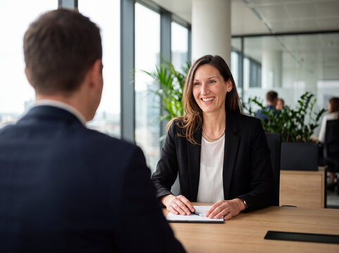 Dunkelhaarige Frau in eineem hellen B&uuml;ro beim Personalgespr&auml;ch. Eine Bewerberin zeigt Selbstbewusstsein in der K&ouml;rpersprache und h&auml;lt freundlichen Blickkontakt