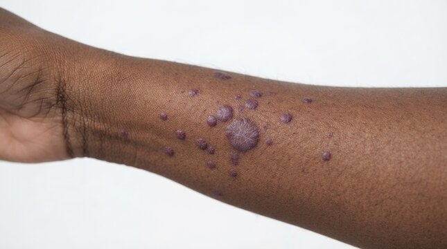Close Up of African American Arm with Kaposi Sarcoma Lichen Planus Purple Nodules