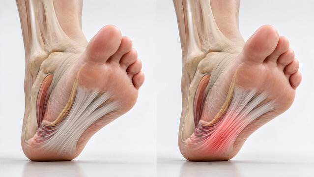 Plantar fasciitis foot comparison medical illustration showing normal anatomy versus inflamed plantar fascia and morning heel pain for healthcare, patient education, and clinical communication