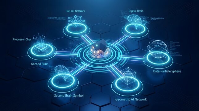  Glowing Central Hub Connected to Six Technology Network Concepts