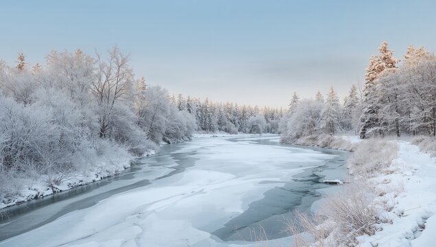Frozen River Landscape with Snow-Covered Trees at Dawn