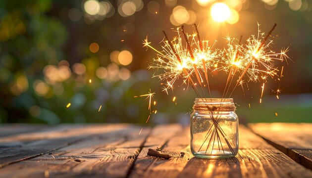 Glowing Sparklers in Glass Jar on Wooden Table at Sunset with Golden Bokeh