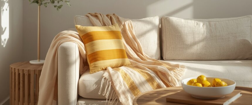 Cozy Living Room Scene with Bright Throw Pillow and Sunlit Decor
