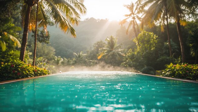 Infinity Pool Overlooking Lush Tropical Landscape at Sunrise with Soft Mist