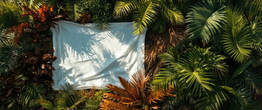 Blank White Fabric Surrounded by Lush Tropical Foliage in Natural Light