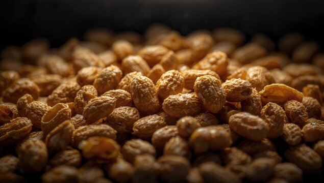 Closeup of Roasted Peanuts with Soft Lighting on Dark Background