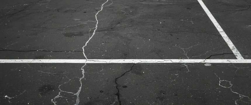 Cracked Asphalt Parking Lot with White Markings in Black and White