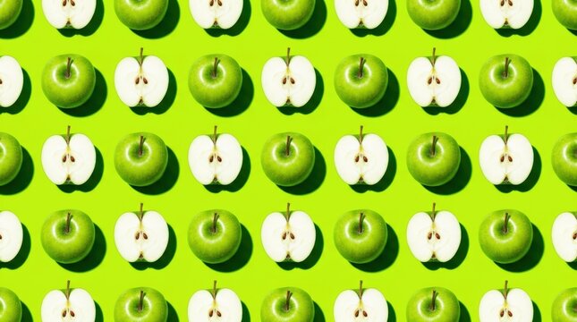 Vibrant green apples and apple halves arranged in a repeating pattern on a bright green background.