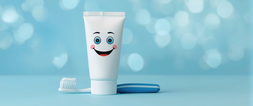 Smiling Toothpaste Tube with Toothbrush on Soft Blue Background