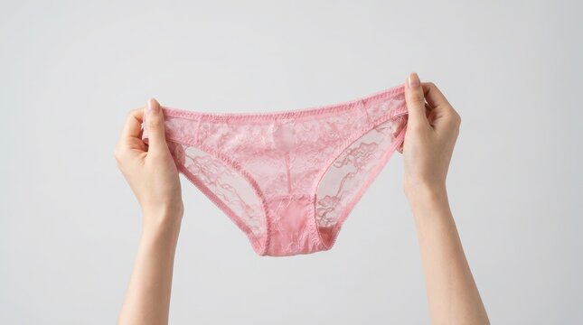 Woman holding pink lace underwear against a white background.