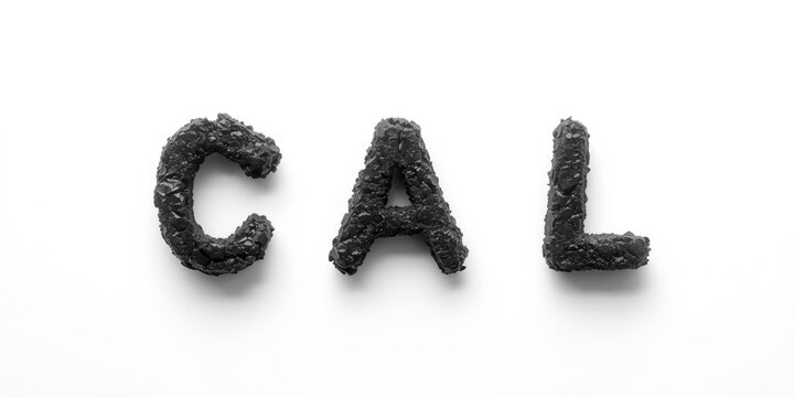 Black Letters C A L Made from Crushed Material Isolated on White Background