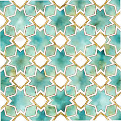 Abstract geometric pattern with watercolor teal stars and gold accents.