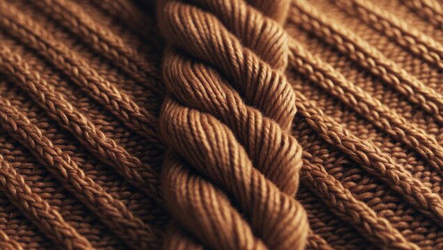 Twisted Brown Yarn on Textured Knitted Fabric Background with Warm Tones