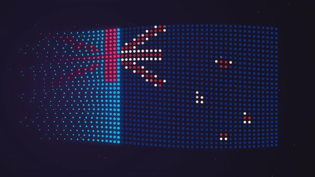 New Zealand national flag displayed as a glowing digital dot matrix motion video abstract pattern