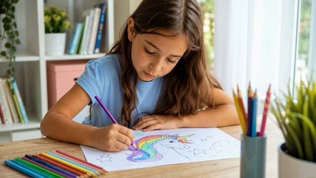 Young girl coloring a unicorn drawing with colored pencils at a wooden desk. Child engaged in a creative art hobby at home