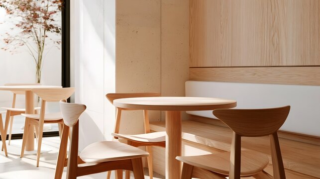 Minimalist cafe corner featuring light wood tables and chairs under soft natural daylight near a window