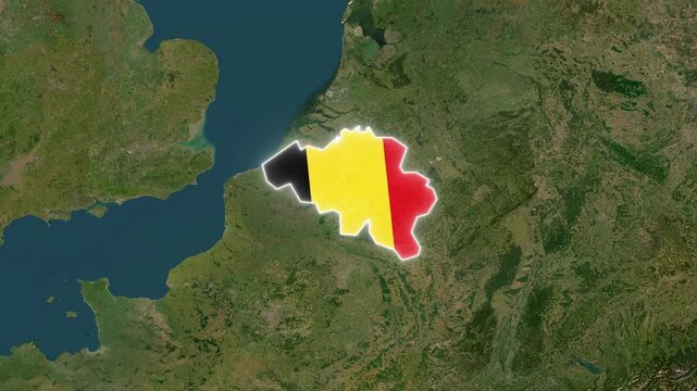 Belgium Map Highlight with Animated Flag Pin on World Satellite Map