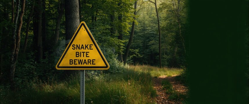 Warning Sign for Snake Bite in a Forest Pathway Surrounded by Greenery