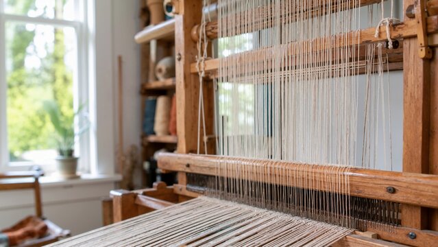 Wooden floor loom with tightly stretched warp threads. Traditional textile weaving equipment in an artisan studio. Handmade fabric production and crafting concept
