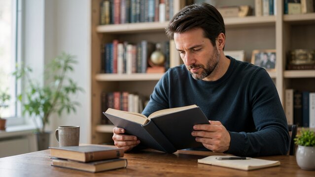 Man reading a thick book at a wooden table. Male reader studying in a home library with a coffee mug and notebook. Education and relaxing indoor hobby concept